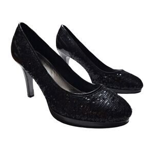 Tahari "Cheryl" black patent leather sequined pumps